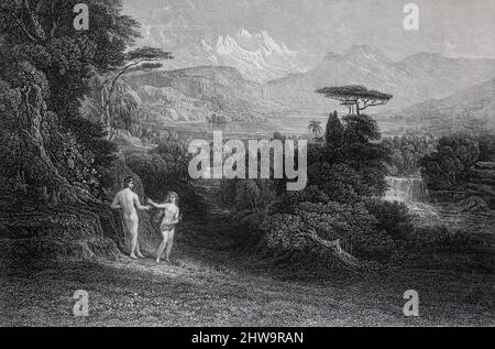 Illustration der Bibelgeschichte Adam und Eva und der Sündenfall Stockfoto