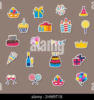 Happy Birthday Sticker Icons Set. Icons Design für Ihr Produkt, Web und mobile Anwendungen. Abbildung Stockfoto