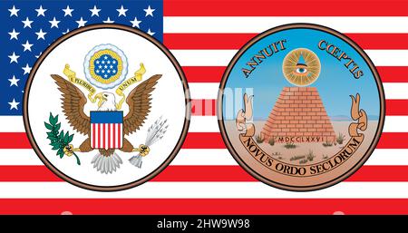 Flagge der Vereinigten Staaten von Amerika und offizielles großes Siegel, Vorder- und Rückseite, Vektorgrafik Stock Vektor