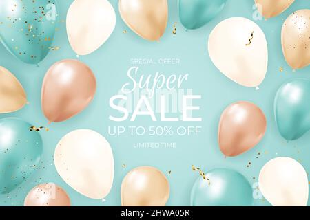 Super Sale Limited Time Hintergrund mit Ballons, goldenes Band und Konfetti. Abbildung Stockfoto