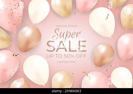 Super Sale Limited Time Hintergrund mit Ballons, goldenes Band und Konfetti. Abbildung Stockfoto