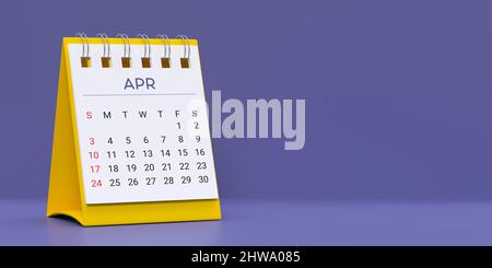 Monatsspirale Desktop Kalender 2022 Vorlage: 2022. April 3D gerenderte Datumsplanerseite auf Blue Very Peri Hintergrund mit Kopierraum. Set von 12 Monaten Stockfoto