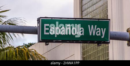 Straßenschild Espanola Way in Miami Beach Stockfoto