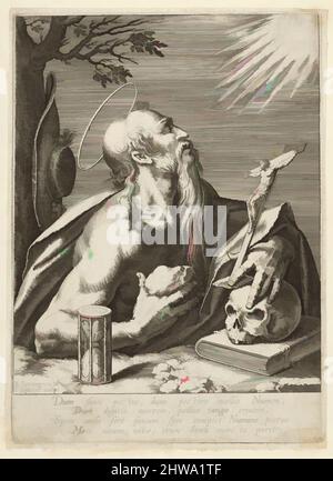 Kunst inspiriert von Zeichnungen und Druckgrafiken, Print, Saint Jerome, Künstler, After, Johann Sadeler I, Bartholomeus Spranger, Niederlandisch, Brüssel 1550, Klassische Werke, die von Artotop mit einem Schuss Moderne modernisiert wurden. Formen, Farbe und Wert, auffällige visuelle Wirkung auf Kunst. Emotionen durch Freiheit von Kunstwerken auf zeitgemäße Weise. Eine zeitlose Botschaft, die eine wild kreative neue Richtung verfolgt. Künstler, die sich dem digitalen Medium zuwenden und die Artotop NFT erschaffen Stockfoto