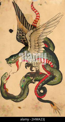 Kunst inspiriert von Zeichnungen und Druckgrafiken, Zeichnungen Ephemera, Tattoo Design with a Dragon and Snake (inspiriert von japanischen Beispielen, Classic Works modernisiert von Artotop mit einem Schuss Moderne. Formen, Farbe und Wert, auffällige visuelle Wirkung auf Kunst. Emotionen durch Freiheit von Kunstwerken auf zeitgemäße Weise. Eine zeitlose Botschaft, die eine wild kreative neue Richtung verfolgt. Künstler, die sich dem digitalen Medium zuwenden und die Artotop NFT erschaffen Stockfoto