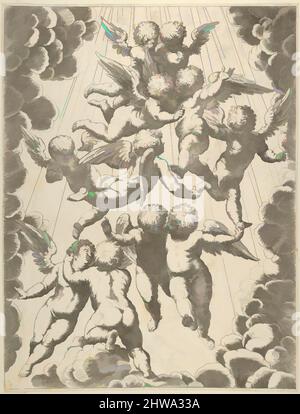 Kunst inspiriert von Zeichnungen und Drucken, Print, Eine Gruppe von Engeln umarmt im Flug, eingerahmt von Wolken, nach Guido Reni, Classic Works modernisiert von Artotop mit einem Schuss Moderne. Formen, Farbe und Wert, auffällige visuelle Wirkung auf Kunst. Emotionen durch Freiheit von Kunstwerken auf zeitgemäße Weise. Eine zeitlose Botschaft, die eine wild kreative neue Richtung verfolgt. Künstler, die sich dem digitalen Medium zuwenden und die Artotop NFT erschaffen Stockfoto