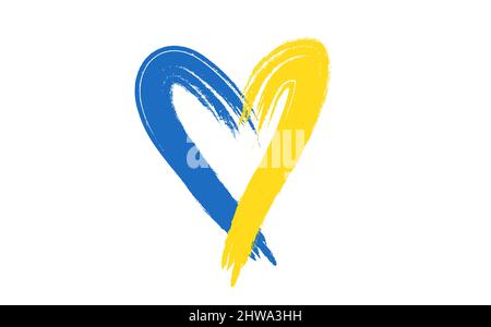 Grunge Pinselstrich mit der Nationalflagge der Ukraine, herzförmige Ikone mit den Farben der ukrainischen Flagge. Symbol, Plakat, Banner der Krise in der Ukraine Konzept Stock Vektor