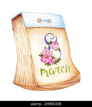 Aquarell-Illustration eines Kalenders mit 8 März-Schriftzug. Die Nummer acht ist mit Pfingstrosen-Blumen geschmückt. Postkarte mit internationalem Frauentag. Ist Stockfoto