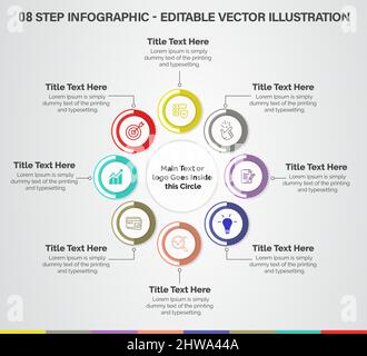 8 Schritte Infografiken Designvorlage - Diagramm, Tortendiagramm, Workflow-Layout, Radsportdiagramm, Broschüre, Bericht, Präsentation, Webdesign, editierbar Stock Vektor