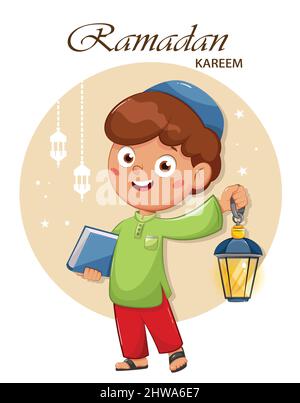 Ramadan Kareem Grußkarte. Frohes Ramadan. Niedliche Cartoon-Figur muslimischen Jungen mit Laterne. Stock Vektorgrafik für traditionelle Feiertage. Stock Vektor