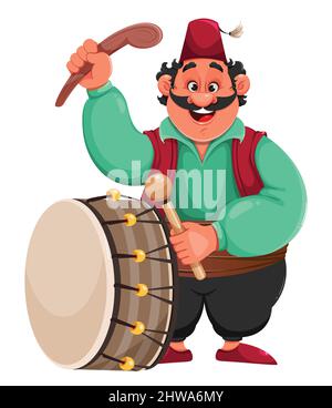 Ramadan Kareem. Frohes Ramadan. Lustige Zeichentrickfigur spielen Trommel. Vektorgrafik für traditionelle Feiertage auf weißem Hintergrund Stock Vektor