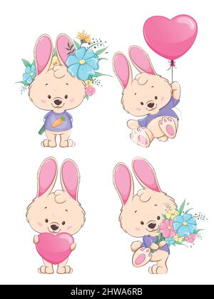 Niedlichen Hasen Cartoon-Figur, Satz von vier Posen. Lustiges Kaninchen. Verwendbar für Glücklichen Frauentag, Ostern Grußkarte. Vektorgrafik auf Weiß Stock Vektor