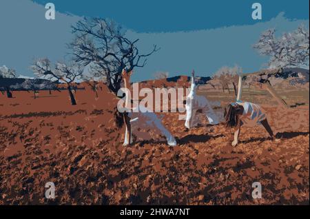 Illustration von drei Menschen, die Yoga in der Natur praktizieren Stockfoto