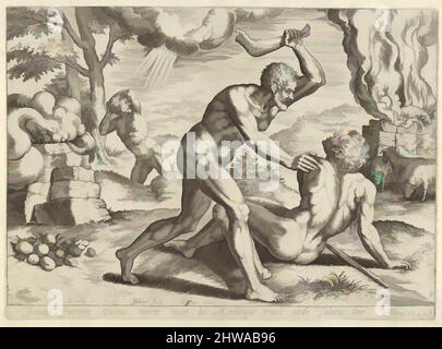 Kunst inspiriert von Zeichnungen und Drucken, Print, Cain Murdering Abel (Tafel 2 aus der Geschichte von Cain und Abel), After, Claes Jansz. Visscher, Klassisches Werk, modernisiert von Artotop mit einem Schuss Moderne. Formen, Farbe und Wert, auffällige visuelle Wirkung auf Kunst. Emotionen durch Freiheit von Kunstwerken auf zeitgemäße Weise. Eine zeitlose Botschaft, die eine wild kreative neue Richtung verfolgt. Künstler, die sich dem digitalen Medium zuwenden und die Artotop NFT erschaffen Stockfoto