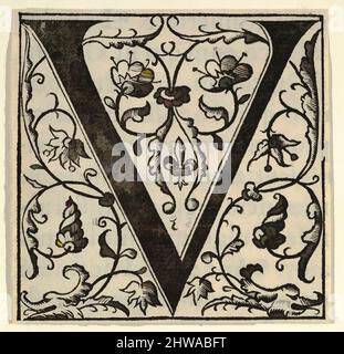 Von Zeichnungen und Druckgrafiken inspirierte Kunst, Druck, Anfangsbuchstabe V mit Girlanden, Mitte 16. Jahrhundert, 1532, 1554, Holzschnitt, Blatt: 2 5/16 × 2 5/16 in, Klassisches Werk, modernisiert von Artotop mit einem Schuss Moderne. Formen, Farbe und Wert, auffällige visuelle Wirkung auf Kunst. Emotionen durch Freiheit von Kunstwerken auf zeitgemäße Weise. Eine zeitlose Botschaft, die eine wild kreative neue Richtung verfolgt. Künstler, die sich dem digitalen Medium zuwenden und die Artotop NFT erschaffen Stockfoto