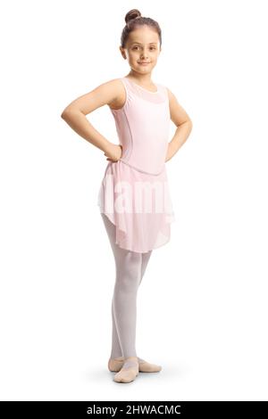 In voller Länge Porträt eines kleinen Mädchen Ballerina in einem rosa Kleid isoliert auf weißem Hintergrund Stockfoto