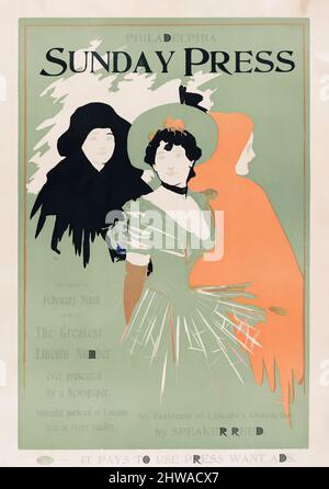 Kunst inspiriert von Zeichnungen und Drucken, Poster, Werbung für Philadelphia Sunday Press: Ferbruard 9, 1896, Künstler, George Reiter Brill, Klassische Werke, die von Artotop mit einem Schuss Moderne modernisiert wurden. Formen, Farbe und Wert, auffällige visuelle Wirkung auf Kunst. Emotionen durch Freiheit von Kunstwerken auf zeitgemäße Weise. Eine zeitlose Botschaft, die eine wild kreative neue Richtung verfolgt. Künstler, die sich dem digitalen Medium zuwenden und die Artotop NFT erschaffen Stockfoto