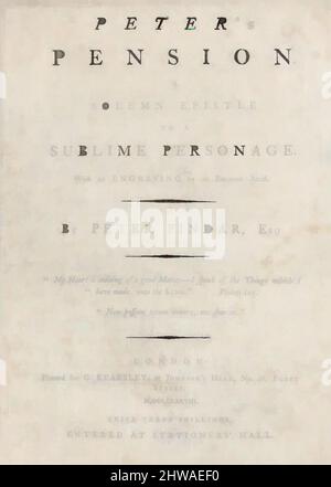 Von Zeichnungen und Druckgrafiken inspirierte Kunst, Print, Titelseite, von Peter's Pension von Peter Pindar, Esq., Verlag, George Kearsley, London, Kearsley, Classic Works modernisiert von Artotop mit einem Schuss Moderne. Formen, Farbe und Wert, auffällige visuelle Wirkung auf Kunst. Emotionen durch Freiheit von Kunstwerken auf zeitgemäße Weise. Eine zeitlose Botschaft, die eine wild kreative neue Richtung verfolgt. Künstler, die sich dem digitalen Medium zuwenden und die Artotop NFT erschaffen Stockfoto