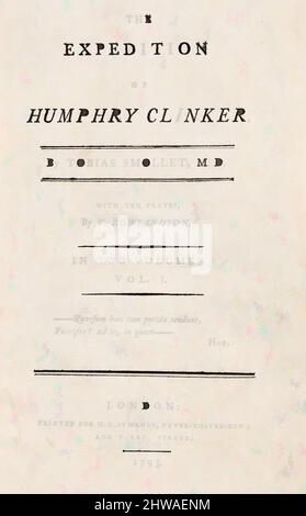 Art inspired by Drawings and Prints, Print, Title Page, from Tobias Smolletts The Expedition of Humphry Clinker (London, 1793), Vol. 1, Klassische Werke, modernisiert von Artotop mit einem Schuss Moderne. Formen, Farbe und Wert, auffällige visuelle Wirkung auf Kunst. Emotionen durch Freiheit von Kunstwerken auf zeitgemäße Weise. Eine zeitlose Botschaft, die eine wild kreative neue Richtung verfolgt. Künstler, die sich dem digitalen Medium zuwenden und die Artotop NFT erschaffen Stockfoto