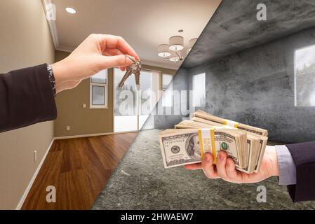 Agent, der die Hausschlüssel für Bargeld in einem neu renovierten und unfertigen Zimmer des Hauses übergab, Vergleich. Stockfoto