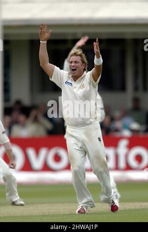 6. August 2005: Der australische Bowler Shane Warne appellierte während der zweiten Innings Englands am 3. Tag des Testmatches 2. in Edgbaston zwischen England und Australien für ein Wicket. Foto: Neil Tingle/Action Plus.050806 Cricketspieler-Cricket ascht den Spieler Stockfoto