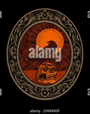 Illustration Vektor Gothic Krähe Vogel mit Totenkopf auf Vintage Gravur Ornament Stock Vektor