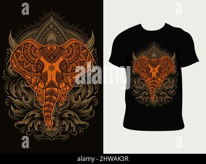 Illustration Vektor Elefant Kopf Mandala Stil mit Vintage Gravur Ornament Stock Vektor