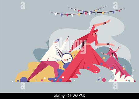 Illustration von Menschen, die Holi feiern, indem sie in bunten Farben tanzen Stock Vektor