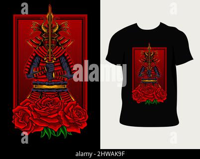 Illustration Vektor Samurai Krieger mit Rose Blume Stock Vektor