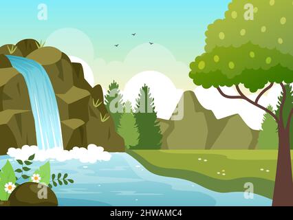 Wasserfall Dschungel Landschaft tropischer Naturlandschaft mit Kaskade von Felsen, Flussläufen oder Rocky Cliff in flachem Hintergrund Vektor-Illustration Stock Vektor