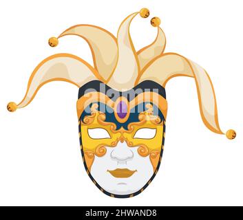 Schöne goldene und schwarze Volto Maske im Narrenstil mit Glocken, bereit für den Karneval von Venedig. Design im Cartoon-Stil, isoliert über weißen BA Stock Vektor