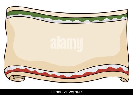 Gewellte Schriftrolle mit Bändern in rot, weiß und grün verziert. Isoliertes Design im Cartoon-Stil. Stock Vektor