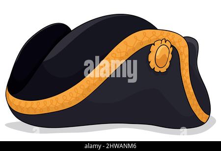 Schwarzes Tricorne verziert mit goldenen Schnürsenkeln und Knopf. Design im Cartoon-Stil mit Konturen, isoliert auf weißem Hintergrund. Stock Vektor