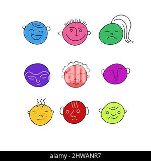 Set von niedlichen lustigen Gesichtern, Cartoon-Köpfe. Abstrakte Figuren, Comic-Avatar. Hipster niedlich weibliche und männliche Doodle Illustration Stock Vektor