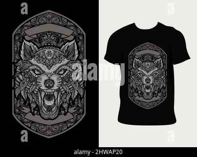 Illustration Vektor Wolf Kopf mit Vintage Gravur Ornament Stil Stock Vektor
