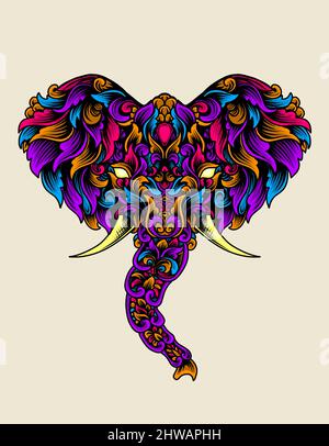 Illustration Elefantenkopf mit Vintage bunten Ornament Stock Vektor
