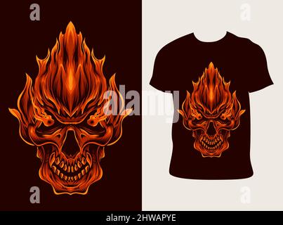 Illustration Vektor verbrennen Schädel Feuer mit T-Shirt-Design Stock Vektor
