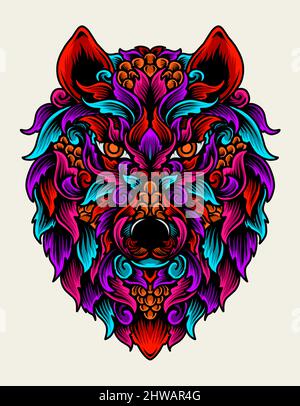 Illustration Vektor Wolf Kopf mit bunten Ornament Stil Stock Vektor