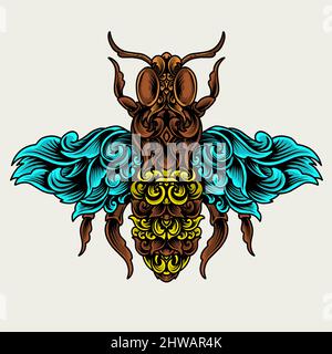 Illustration Vektor Bieneninsekt mit antiken Ornament Stil Stock Vektor
