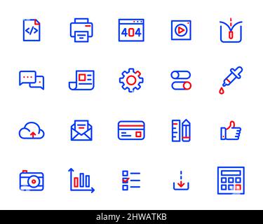 Einfache Strichbilder mit zwei farbigen ui-Symbolen. HTML, Druck, Videodatei, Entpacken, Chat und andere. Pixel-perfekte, bearbeitbare Kontursymbole Stock Vektor