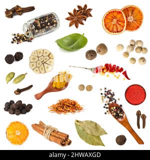 Set von verschiedenen Gewürzen auf weißem Hintergrund isoliert Stockfoto