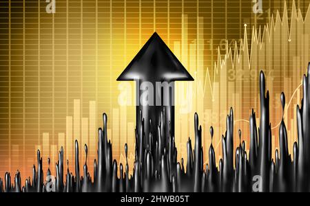 Öl erhöhen Kraftstoff- und Gaspreis steigt Konzept als flüssiges schwarzes Rohöl als Aufwärtspfeil in einem Symbol für steigende Preise für fossile Energie. Stockfoto