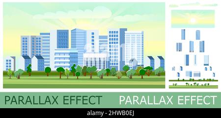 Schöne gemütliche Stadt mit Hochhäusern und kleinen Häusern. Bäume im Landschaftspark. Niedlicher Cartoon-Stil. Einschichtige Schichten zum Falten von Bildern mit Parallax ef Stock Vektor