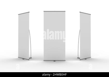 Leere Ausstellung Banner Standanordnung, isoliert auf weißem Hintergrund. 3D Darstellung rendern. Stockfoto