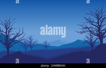 Unglaubliches Bergpanorama bei Nacht mit fantastischen trockenen Baumsilhouetten. Vektordarstellung einer Stadt Stock Vektor