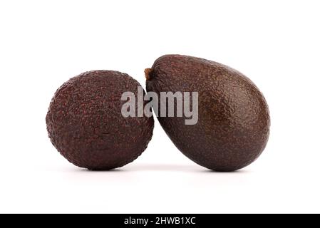 Nahaufnahme von zwei reifen Avocados auf weißem Hintergrund. Speicherplatz kopieren. Stockfoto