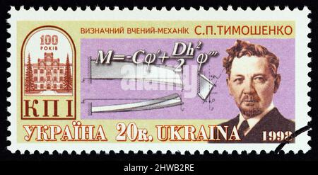 UKRAINE - UM 1998: Eine in der Ukraine gedruckte Briefmarke zeigt den Ingenieur und Akademiker Stephen Timoschenko, um 1998. Stockfoto