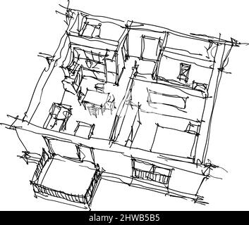 Hand gezeichnete Skizze von Perspektive und schneiden Sie den Schaltplan für ein Apartment mit einem Schlafzimmer komplett eingerichtete Stockfoto