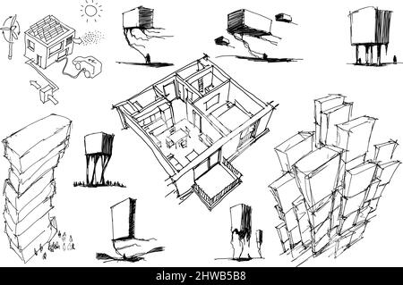 Viele handgezeichnete architektonische Skizzen einer modernen abstrakten Architektur Und Einfamilienhäuser und urbane Ideen Stockfoto