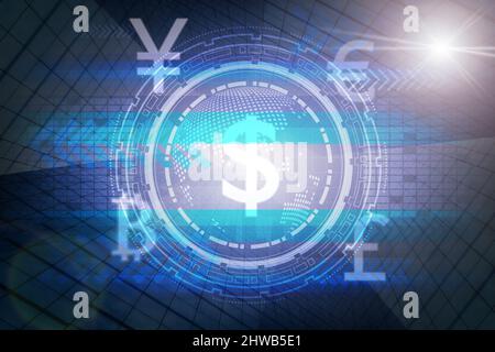 Die finanzielle Technologie oder FinTech über die Innovation Technologie virtuellen Bildschirm Hintergrund mit modernen Gebäude Hintergrund, business Fin tech Netzwerk Stockfoto